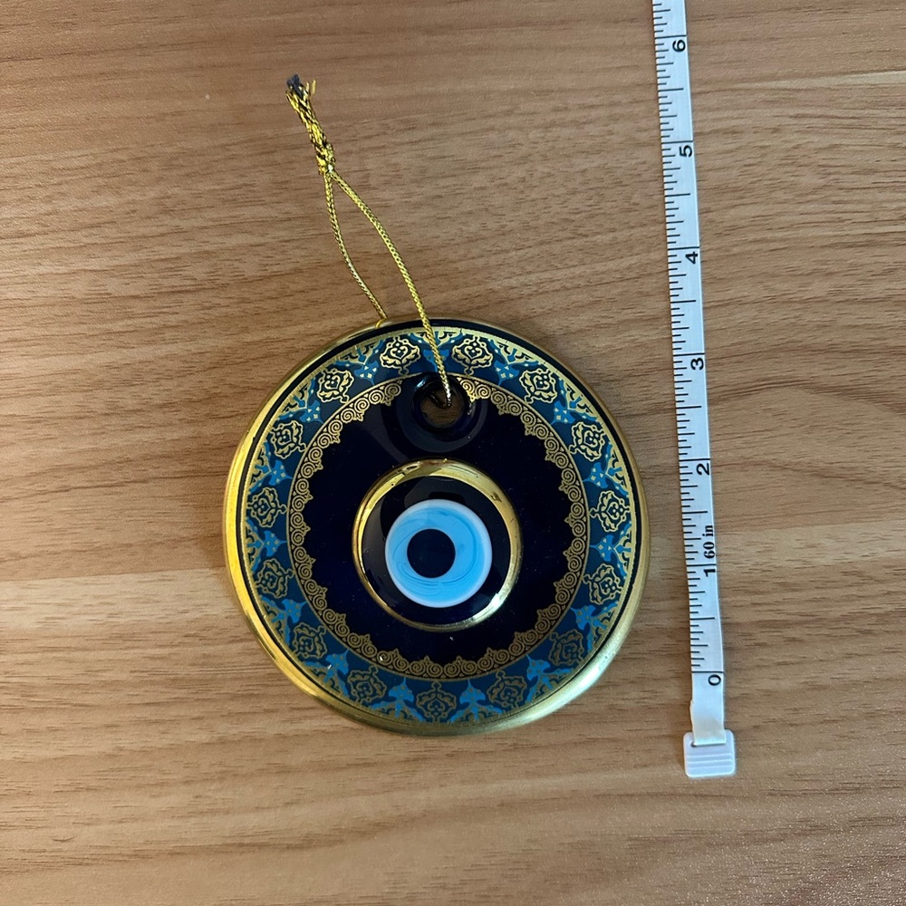 Handmade Turkish Blue and Gold Evil Eye Protection Amulet Decor Glass‎ Luck